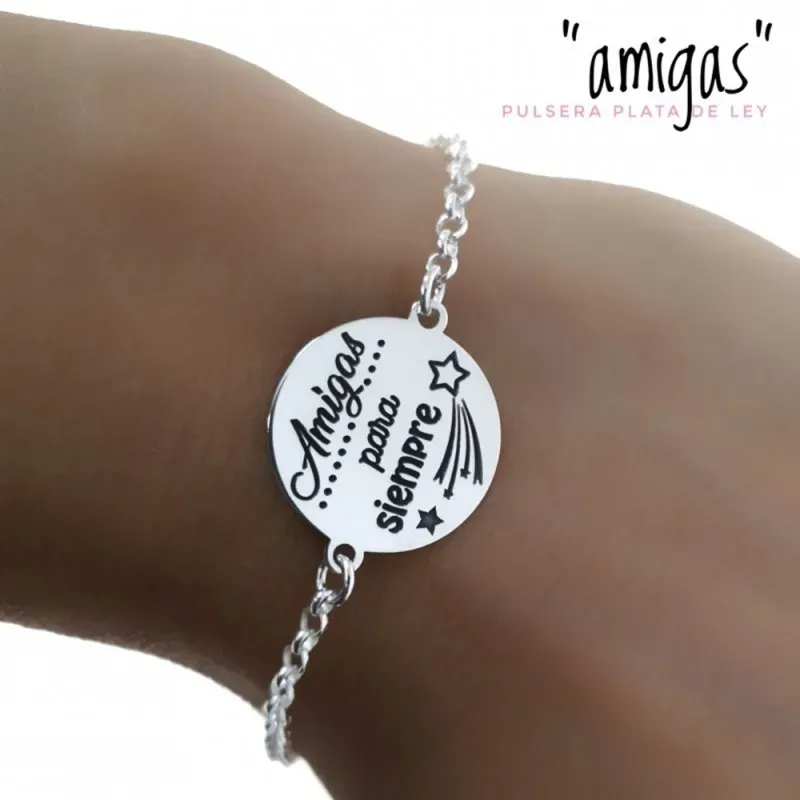 Pulsera plata Ley 925m cadena rolo 19cm. disco mensaje AMIGAS POR SIEMPRE estrellas cierre reasa