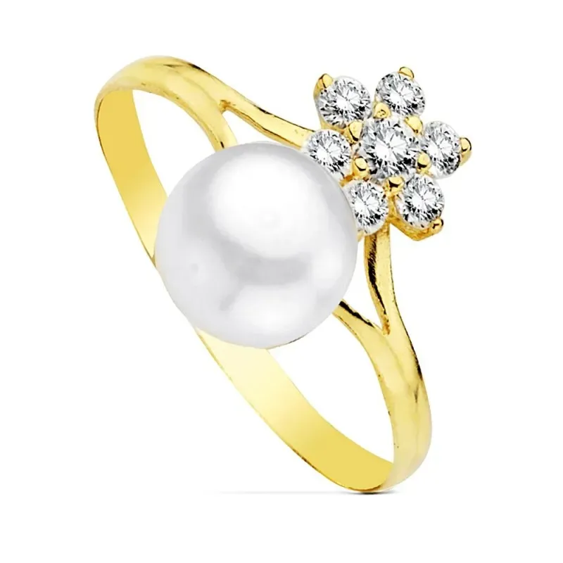 Sortija oro 18k comunión perla circonitas estrella 7mm. [AB1766]