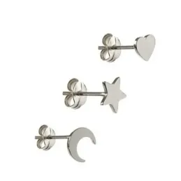 Pendientes plata Ley 925m pack x3 estrella corazón media luna cierre presión mujer