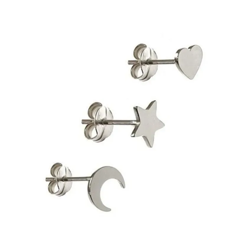 Pendientes plata Ley 925m pack x3 estrella corazón media luna cierre presión mujer