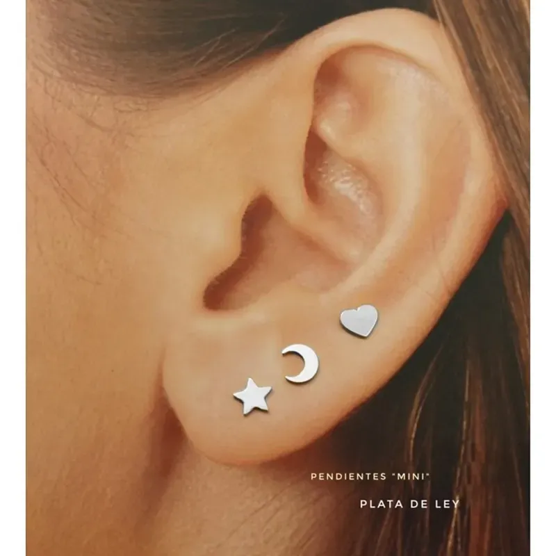 Pendientes plata Ley 925m pack x3 estrella corazón media luna cierre presión mujer