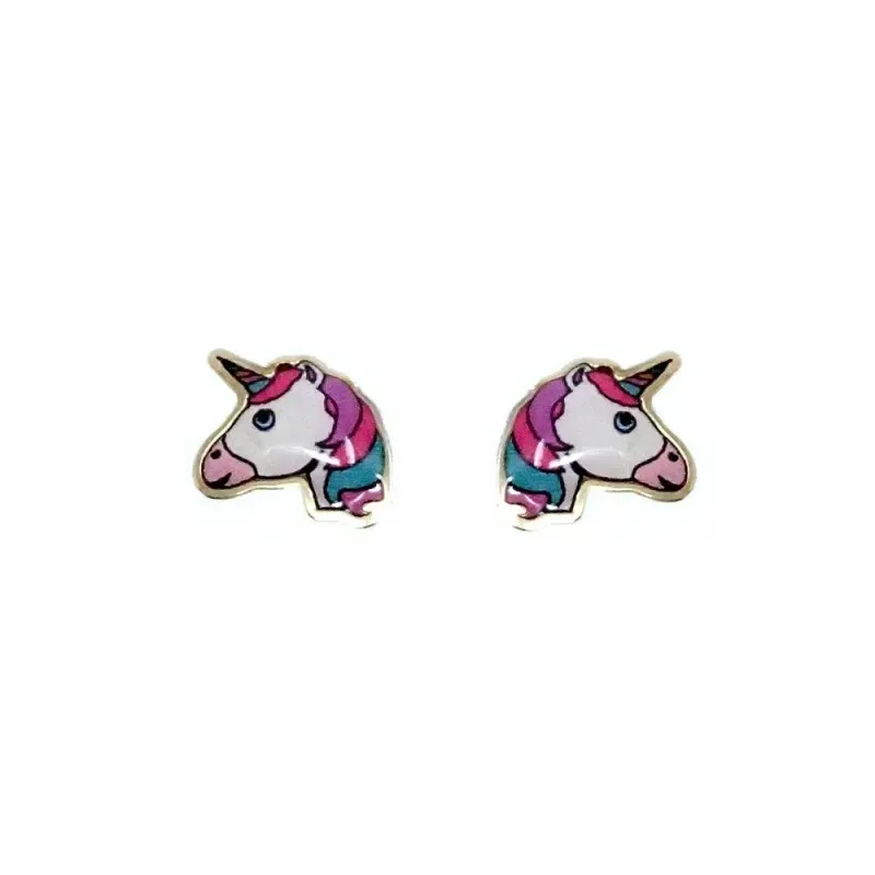 Pendientes oro 18k unicornio niña 9mm. esmaltado colores tuerca [AB9951]