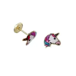 Pendientes oro 18k unicornio niña 9mm. esmaltado colores tuerca [AB9951]