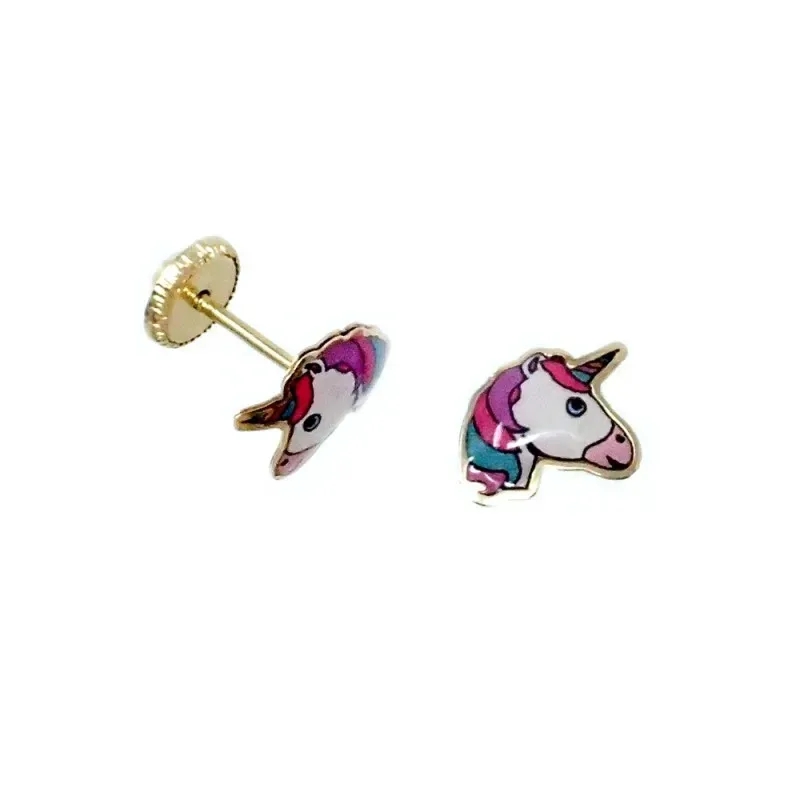 Pendientes oro 18k unicornio niña 9mm. esmaltado colores tuerca [AB9951]
