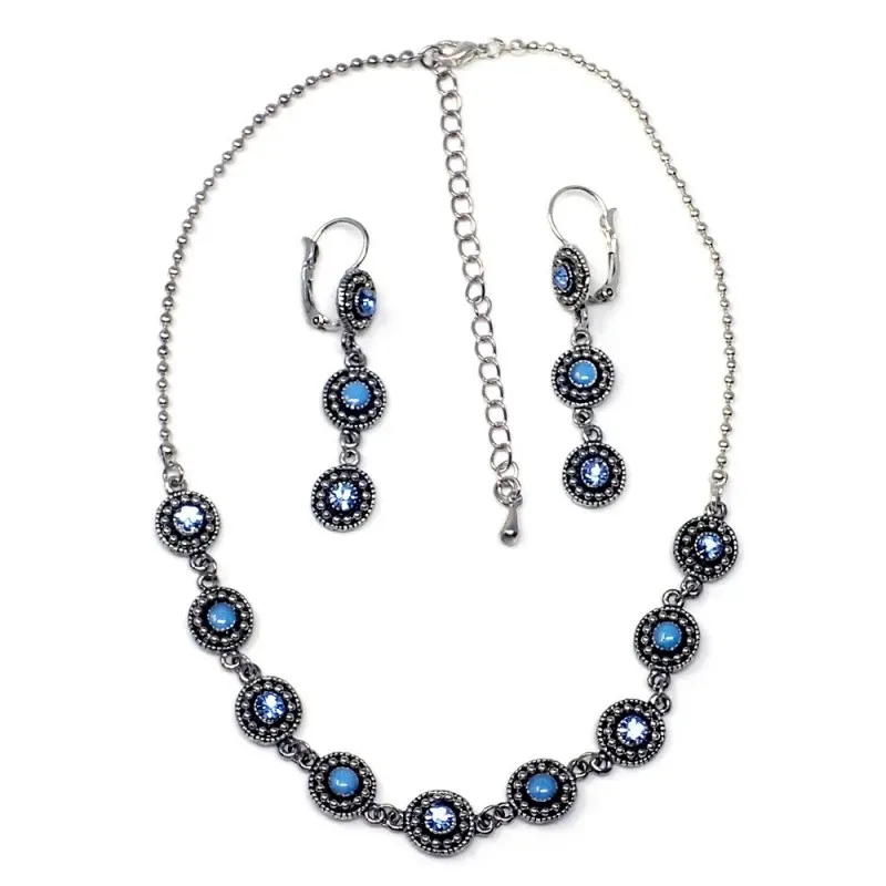 Juego metal rodiado gargantilla pendientes circonitas azul [AB9070]