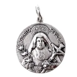 Medalla colgante plata Ley 925m maciza 23mm. Santa Rita de Sevilla detalles tallados trasera lisa