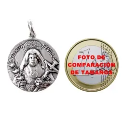 Medalla colgante plata Ley 925m maciza 23mm. Santa Rita de Sevilla detalles tallados trasera lisa