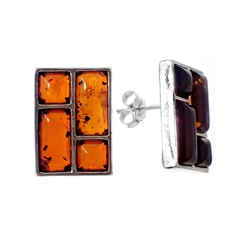 Pendientes plata Ley 925m rectángulo 17x12mm. piedras ámbar cierre presión mujer