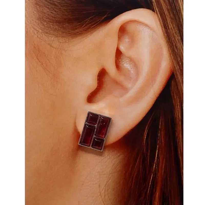 Pendientes plata Ley 925m rectángulo 17x12mm. piedras ámbar cierre presión mujer