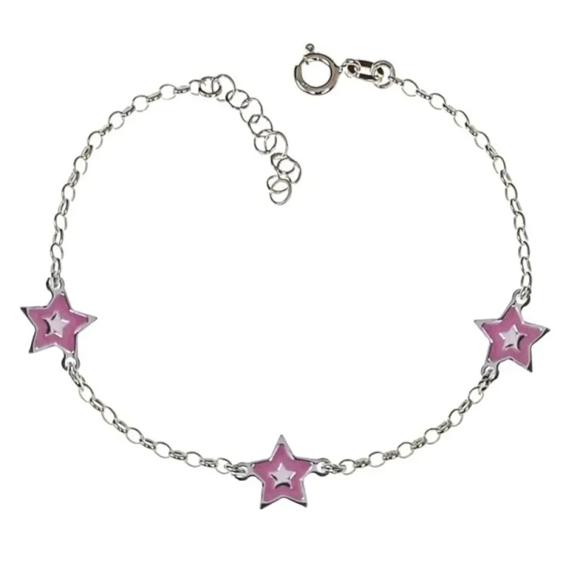 Pulsera plata Ley 925m niña 17 cm. cadena rolo combinada estrellas 7