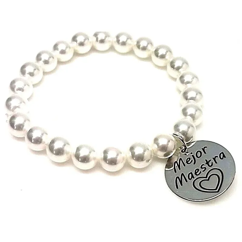Pulsera plata ley 925m perlas disco 21mm. MEJOR MAESTRA  [AA9961]