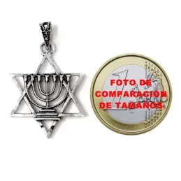 Colgante plata Ley 925m macizo 27mm. candelabro 7 brazos estrella David 6 puntas tallado calado
