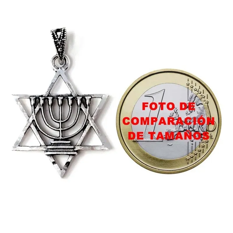 Colgante plata Ley 925m macizo 27mm. candelabro 7 brazos estrella David 6 puntas tallado calado