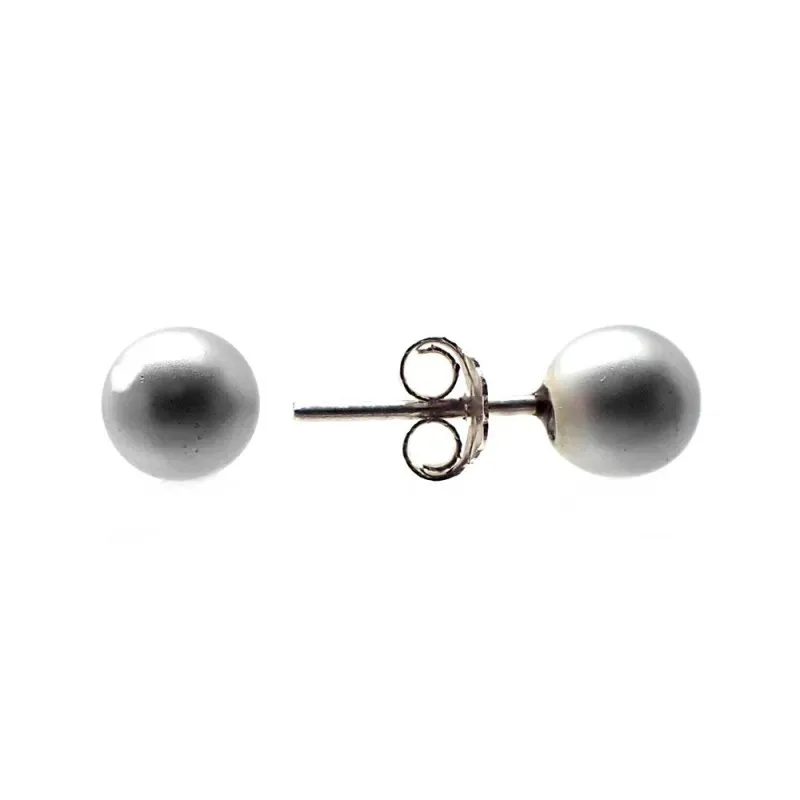 Pendientes plata Ley 925m perla 6mm. sintética gris cierre presión mujer