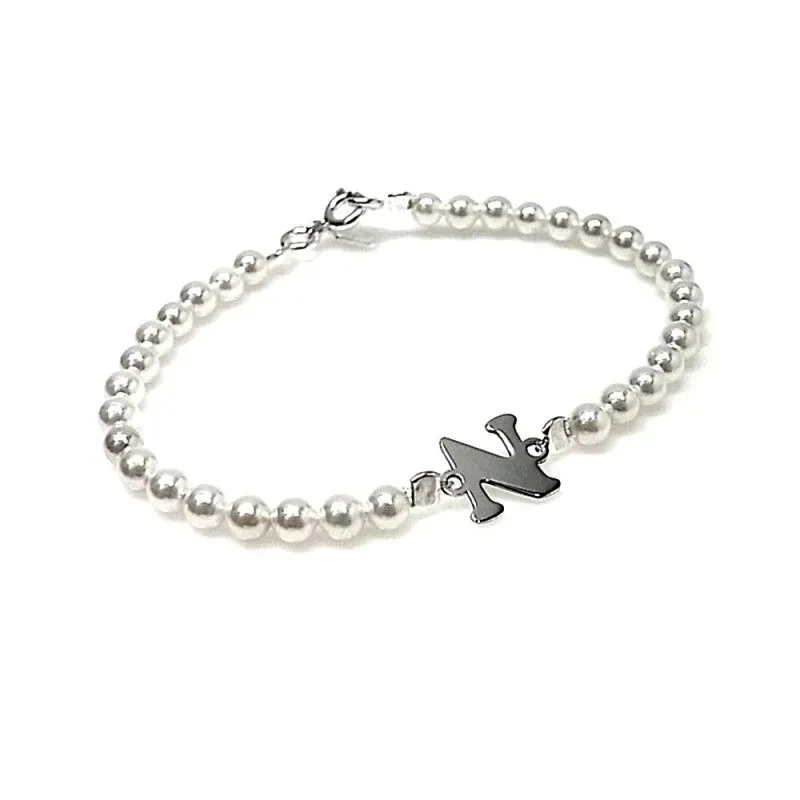 Pulsera plata Ley 925m mujer perlas imitación centro inicial lisa personalizada cierre reasa