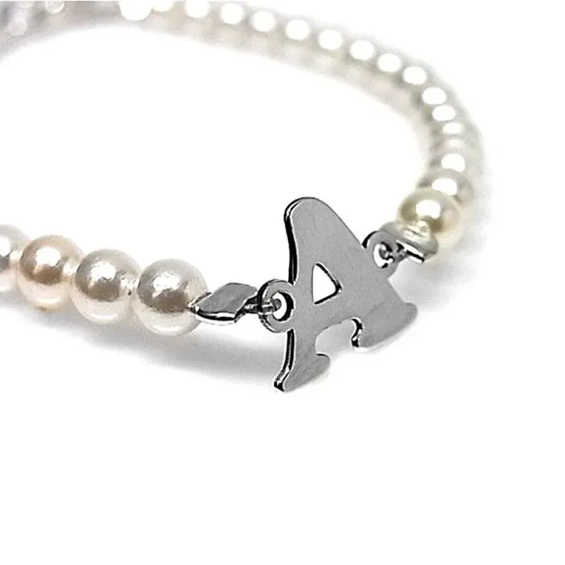 Pulsera plata Ley 925m mujer perlas imitación centro inicial lisa personalizada cierre reasa