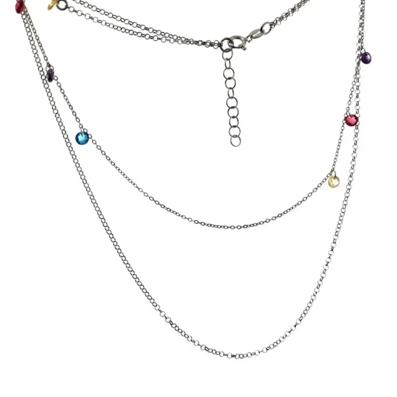 Gargantilla plata Ley 925m rodiada cadena doble larga 41cm. corta 34cm. discos piedras colores