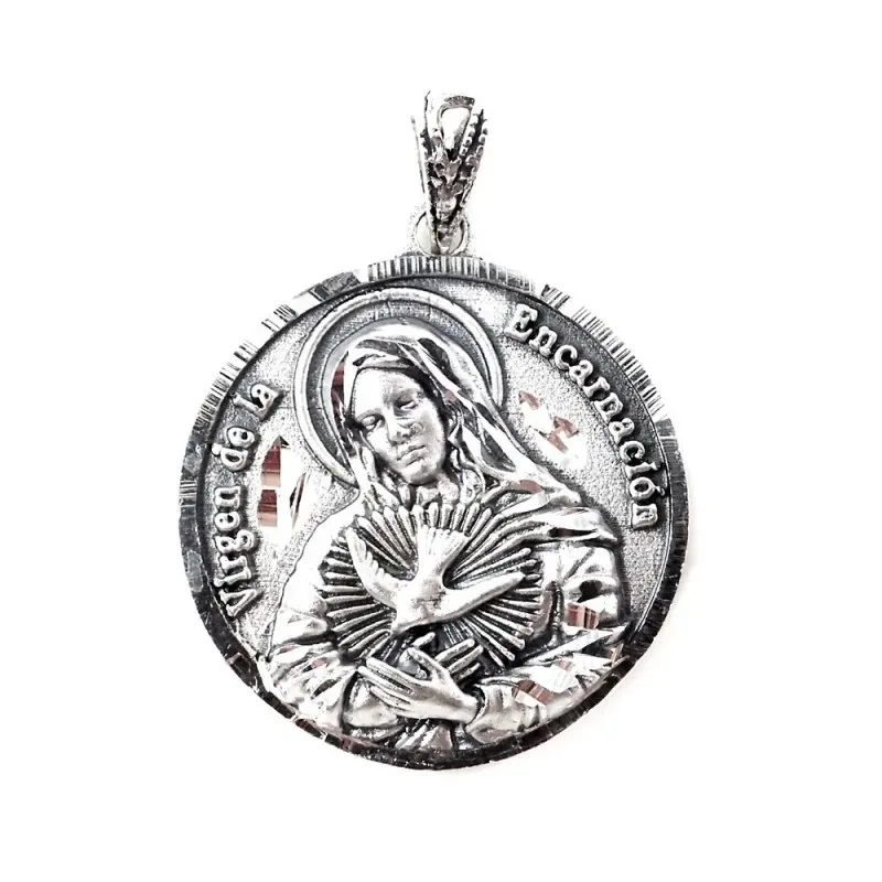 Virgen de la Encarnación medalla plata Ley 925m maciza 23 mm. detalle