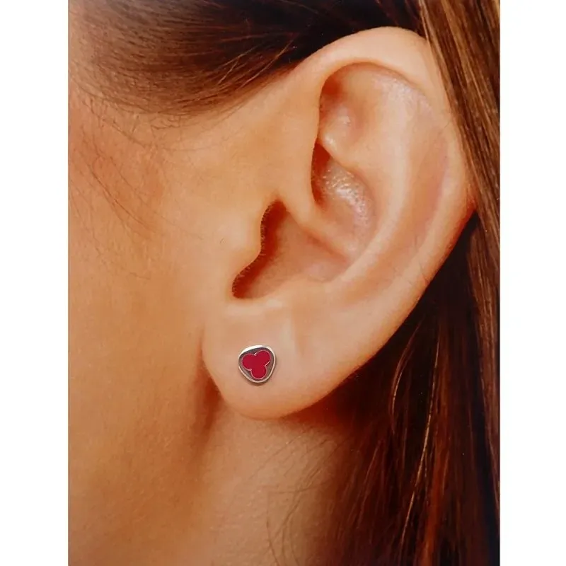 Pendientes plata Ley 925m detalles esmaltado rojo 7x7mm. niña cierre presión