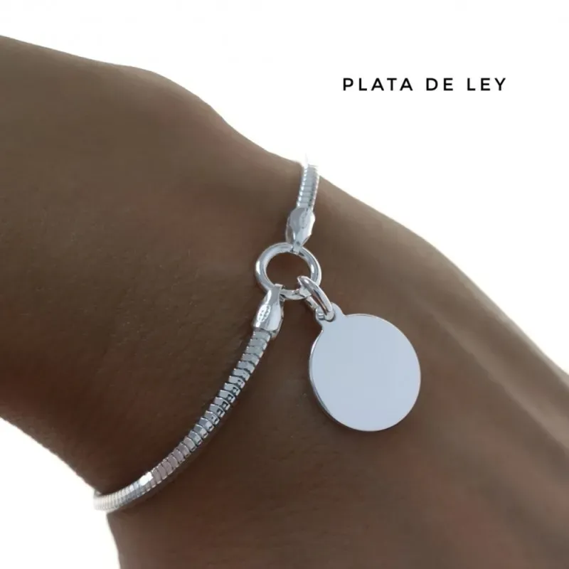 Pulsera plata Ley 925m cola de topo lapidada 18cm. centro chapa redonda 14mm. lisa cierre mosquetón