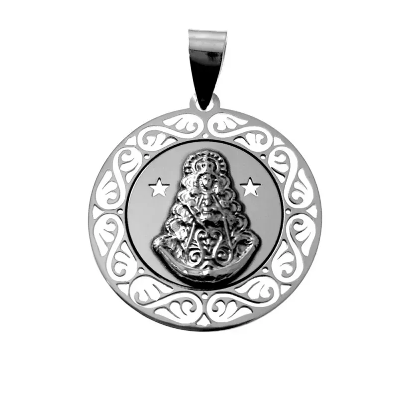Colgante plata Ley 925m medalla 30mm. Virgen del Rocío cerco formas caladas redonda