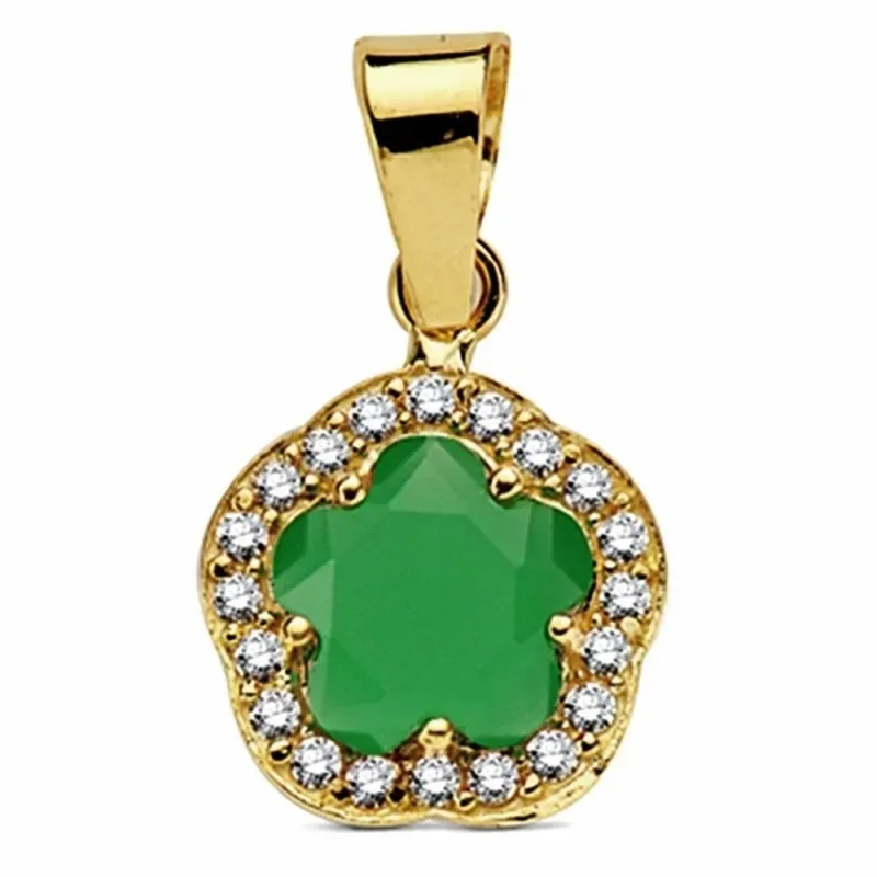 Colgante oro 18k flor piedra verde circonitas 9mm.  [AB3323]