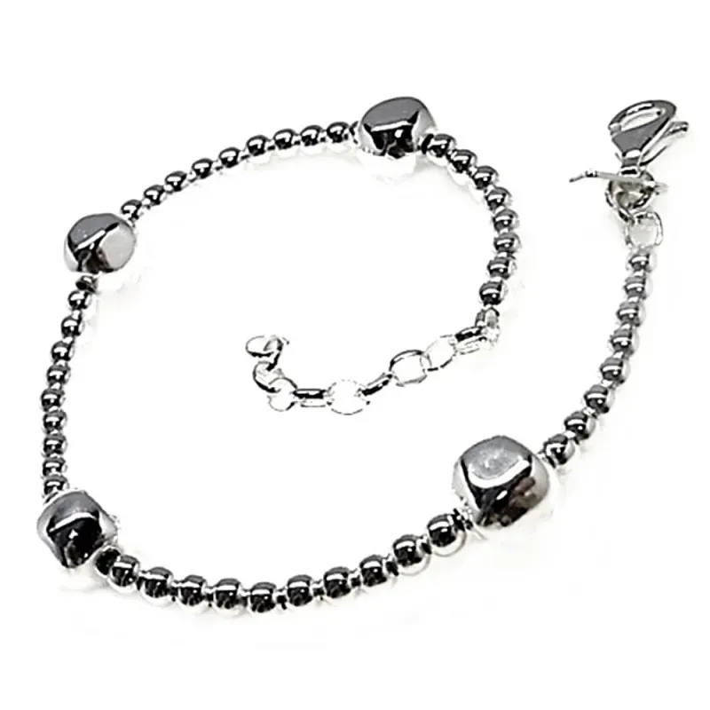 Pulsera plata Ley 925m bolas 3mm. combinada motivos 18cm. [AB3548]