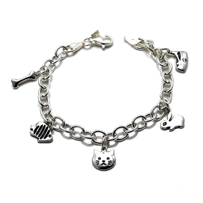 Pulsera plata Ley 925m fetiche 19.5cm. motivos mascotas [AB0973]
