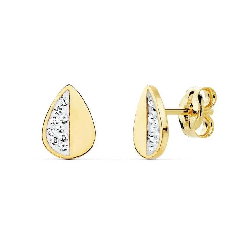 Pendientes oro bicolor 18k forma hoja 8mm. mitad lisa mitad circonitas cierre presión