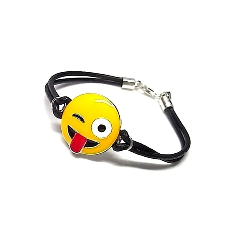 Pulsera plata ley 925m emoticono lengua dientes cuero [AA9924]