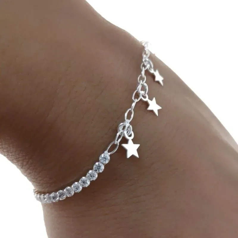 Pulsera plata Ley 925m cadena circonitas 15.5cm infantil charms trébol mariquita herradura mosquetón