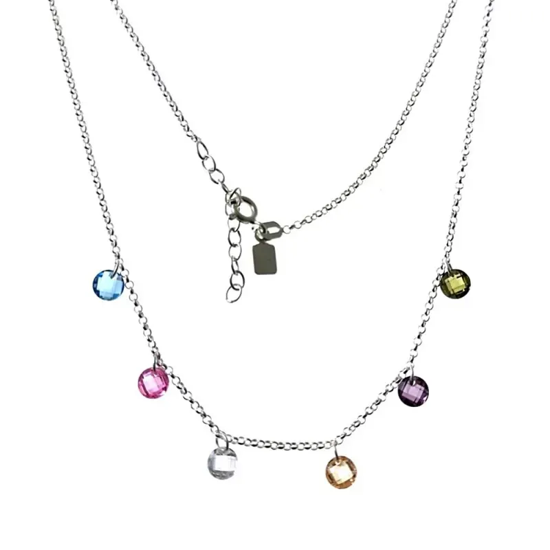Gargantilla plata Ley 925m cadena rolo 42cm. piedras circonitas colores colgando cierre reasa