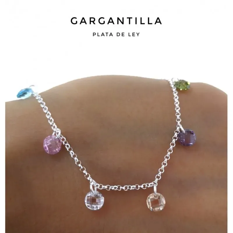 Gargantilla plata Ley 925m cadena rolo 42cm. piedras circonitas colores colgando cierre reasa