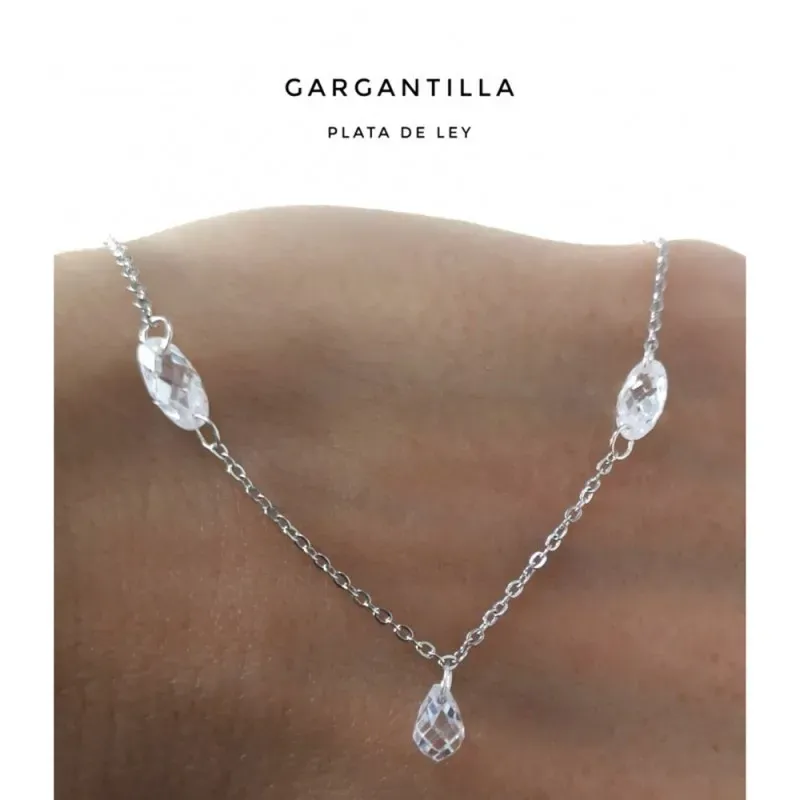 Gargantilla plata Ley 925m rodiada 42cm. detalle piedras formas ovales lágrimas cierre reasa
