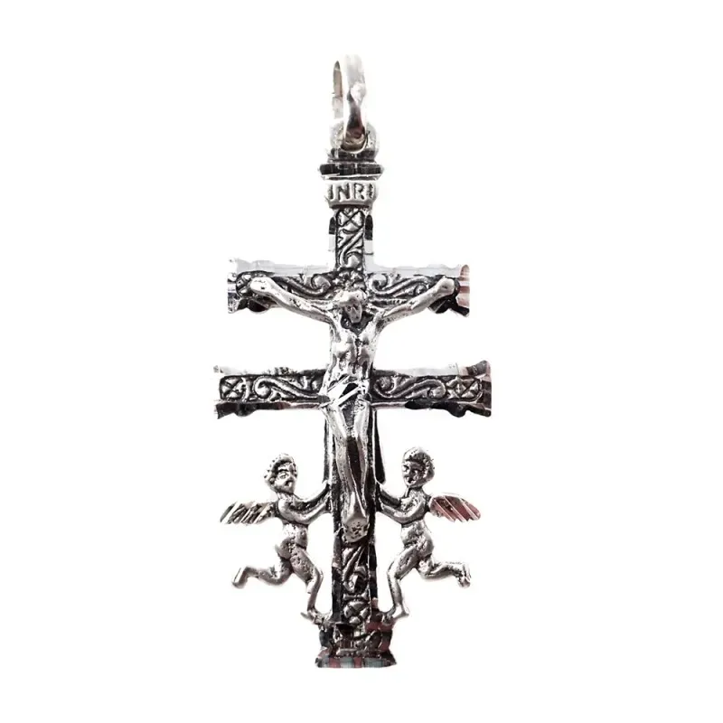 Colgante plata Ley 925m Cruz Caravaca maciza 39mm. delante Cristo atrás Virgen detalles tallados