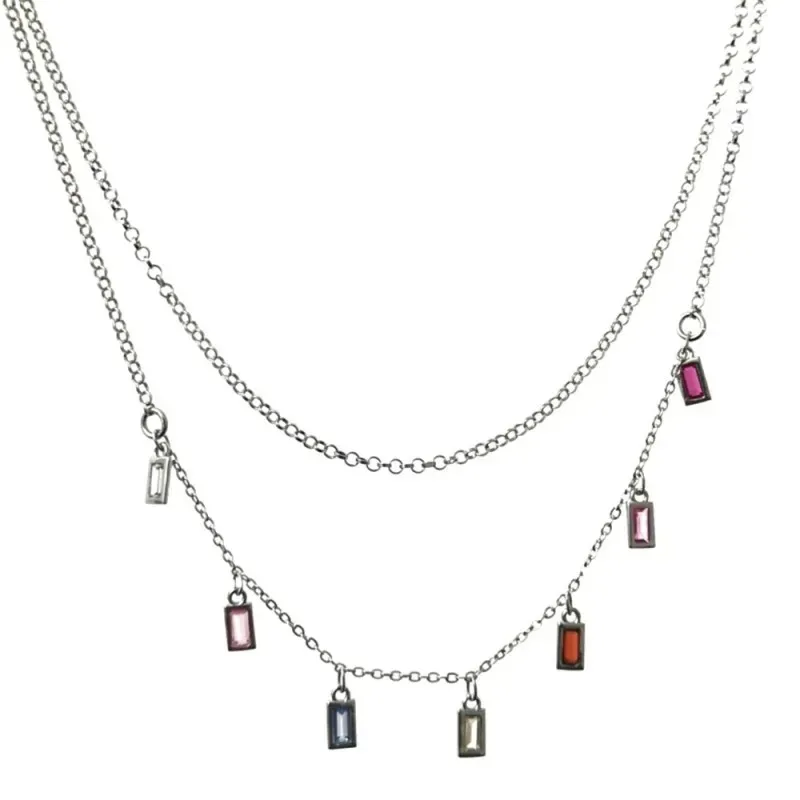 Gargantilla plata Ley 925m rodiada doble cadena 38cm. 42cm. barretas circonitas colores cierre reasa