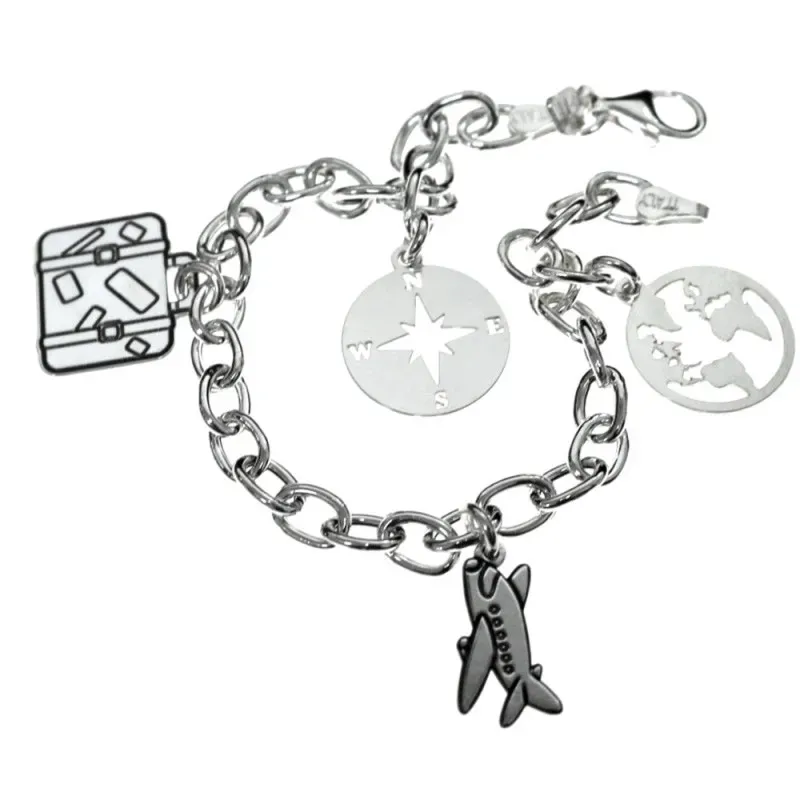 Pulsera plata Ley 925m fetiche 19cm. motivos viaje [AB6198]
