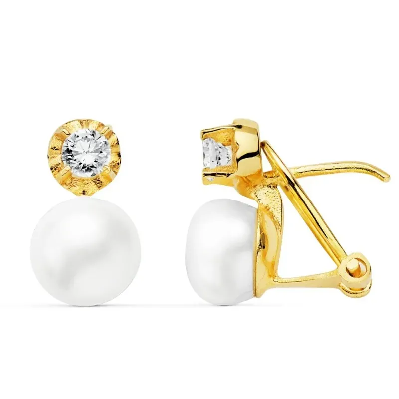 Pendientes oro 18k perlas cultivadas botón circonitas [AB8743]