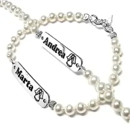 Pulsera plata Ley 925m perlas imitación centro chapa 30mm. personalizada cierre reasa