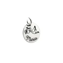 Colgante plata Ley 925m disco 18mm. detalle cigüeña bebé nombre personalizado