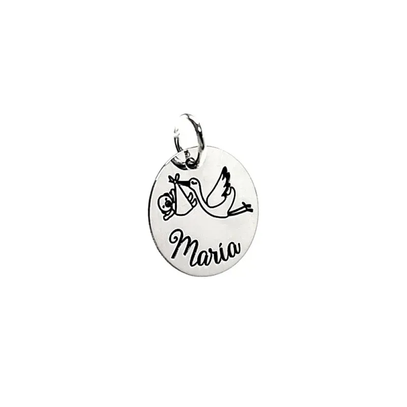 Colgante plata Ley 925m disco 18mm. detalle cigüeña bebé nombre personalizado