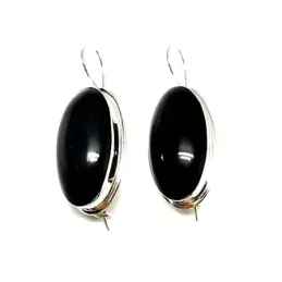 Pendientes plata ley 925m liso piedra negra ovalado [AA8914]