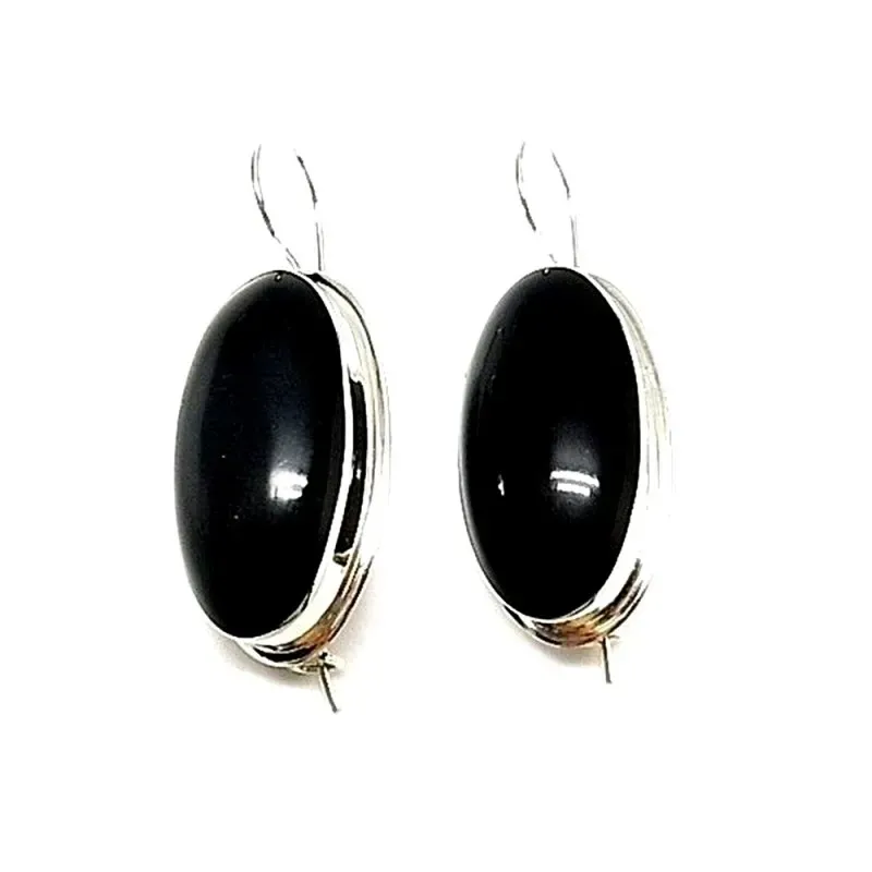 Pendientes plata ley 925m liso piedra negra ovalado [AA8914]