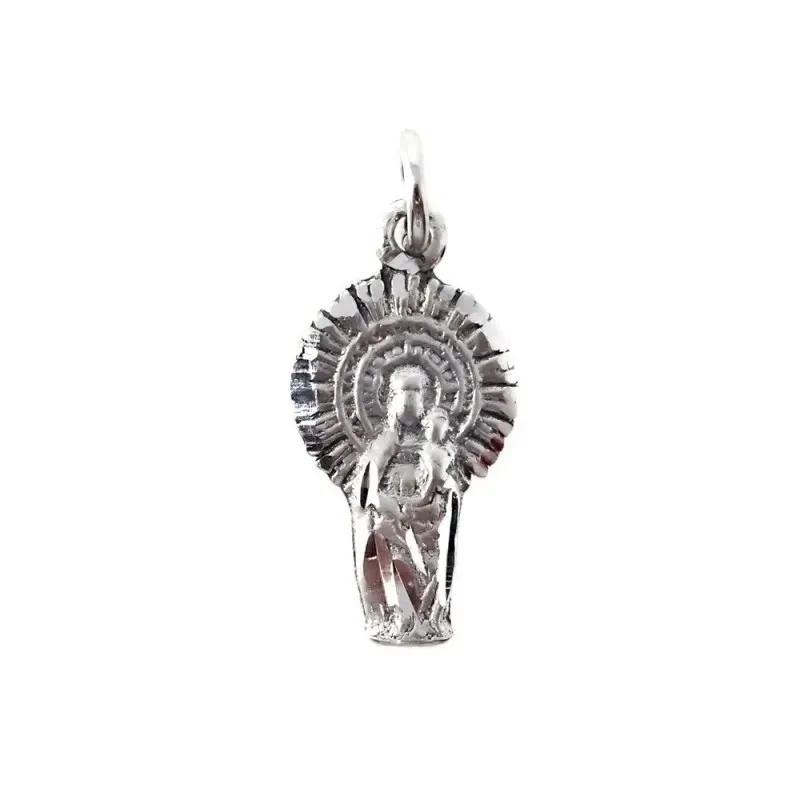 Virgen del Pilar colgante plata Ley 925m maciza 21 mm. detalles talla