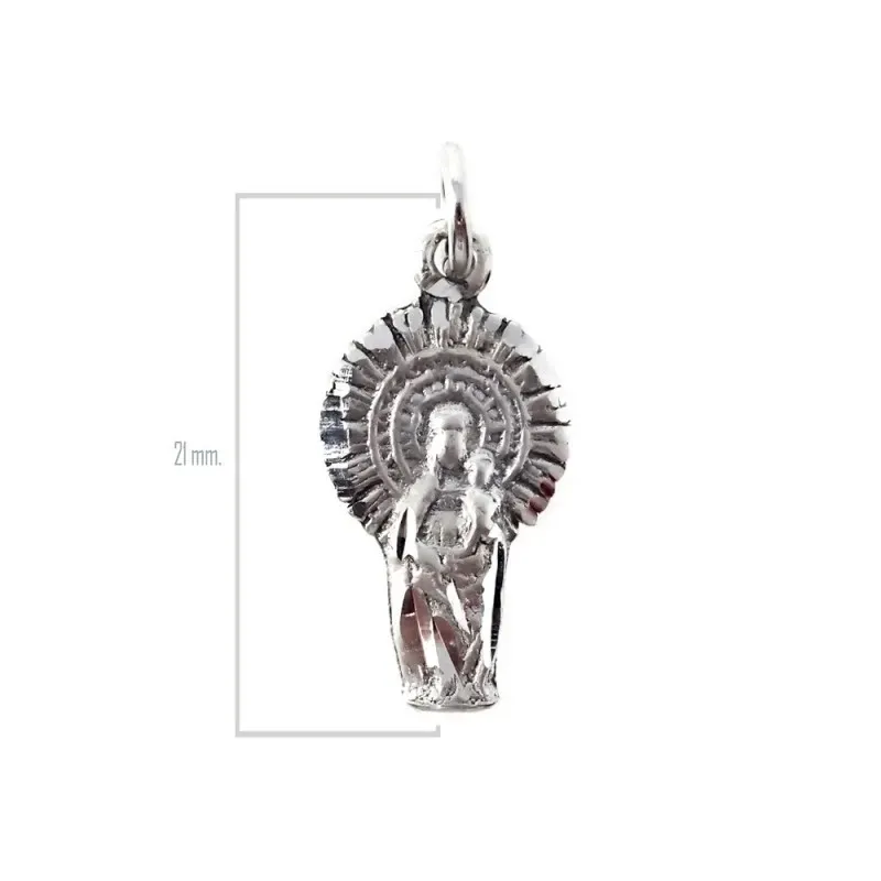 Virgen del Pilar colgante plata Ley 925m maciza 21 mm. detalles talla