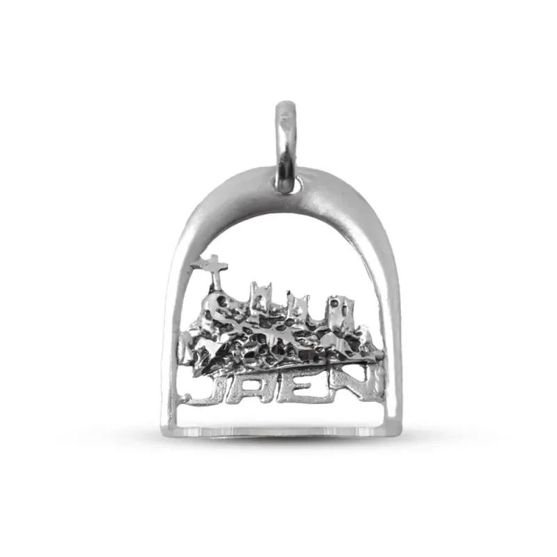 Colgante plata Ley 925m macizo estribo 24mm. JAÉN calado castillo detalles tallados trasera lisa
