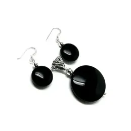 Juego plata Ley 925m liso piedra negra redondo [AB0895]