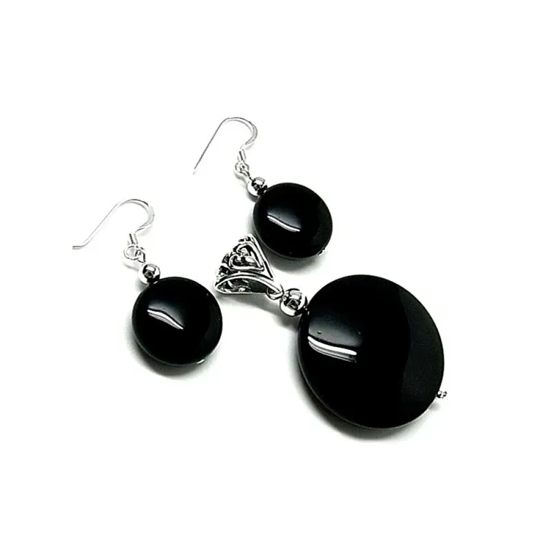 Juego plata Ley 925m liso piedra negra redondo [AB0895]