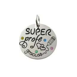 Colgante plata Ley 925m chapa 20mm. lunares colores esmaltados mensaje SUPER PROFE GRACIAS
