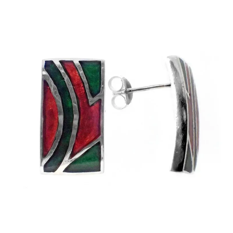 Pendientes plata Ley 925m rectángulo 19x11mm. esmaltado detalles naranja verde cierre presión mujer